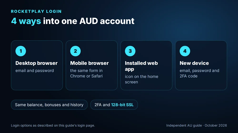 Four ways to log in to one RocketPlay AUD account: desktop, mobile browser, web app and new device with 2FA